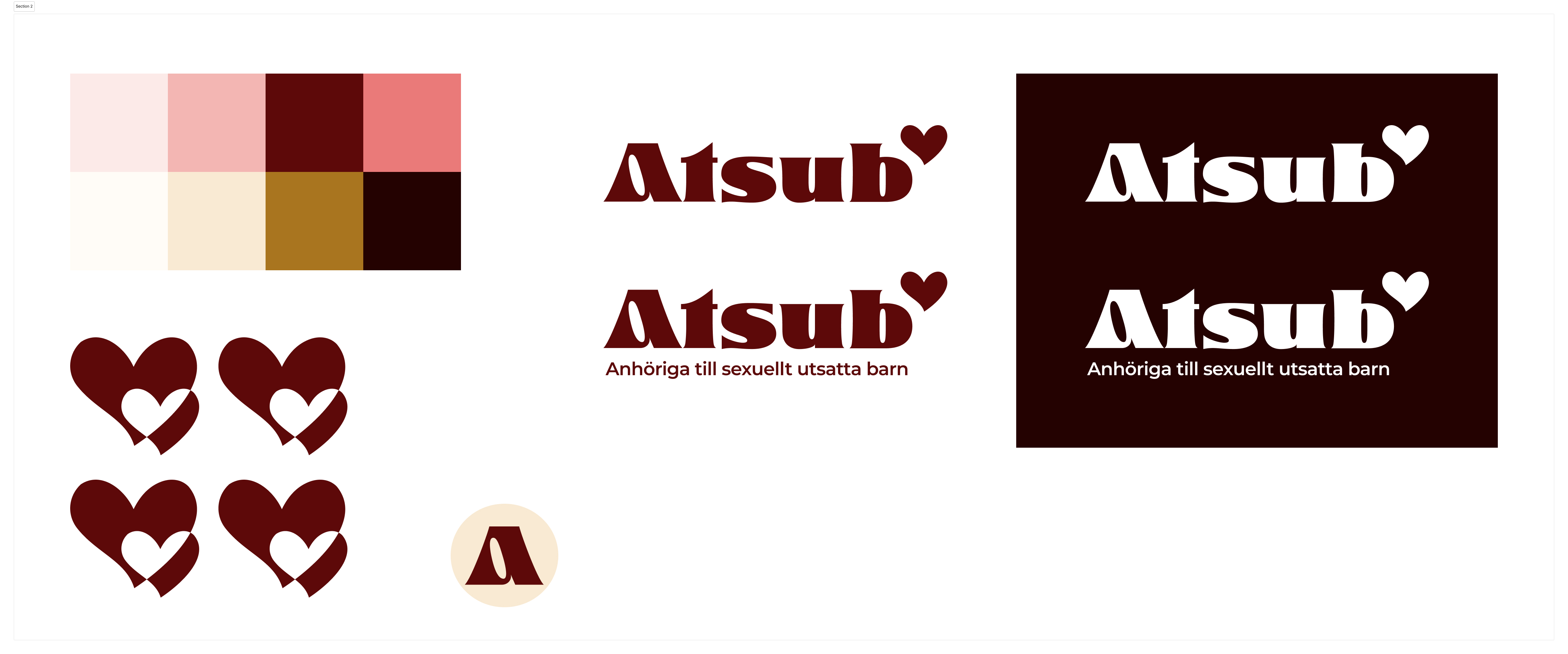 Atsubs nya grafiska profil med färgpalett, logotypvariationer, hjärtsymboler och A-märke