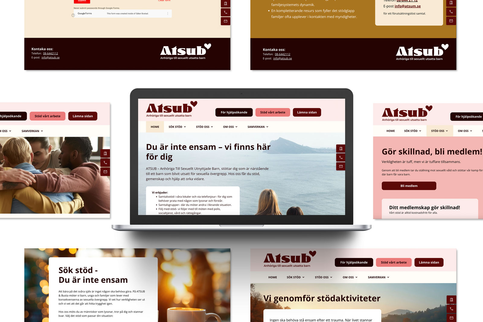 Collage av flera vyer av Atsubs nya webbplats med laptopen i mitten