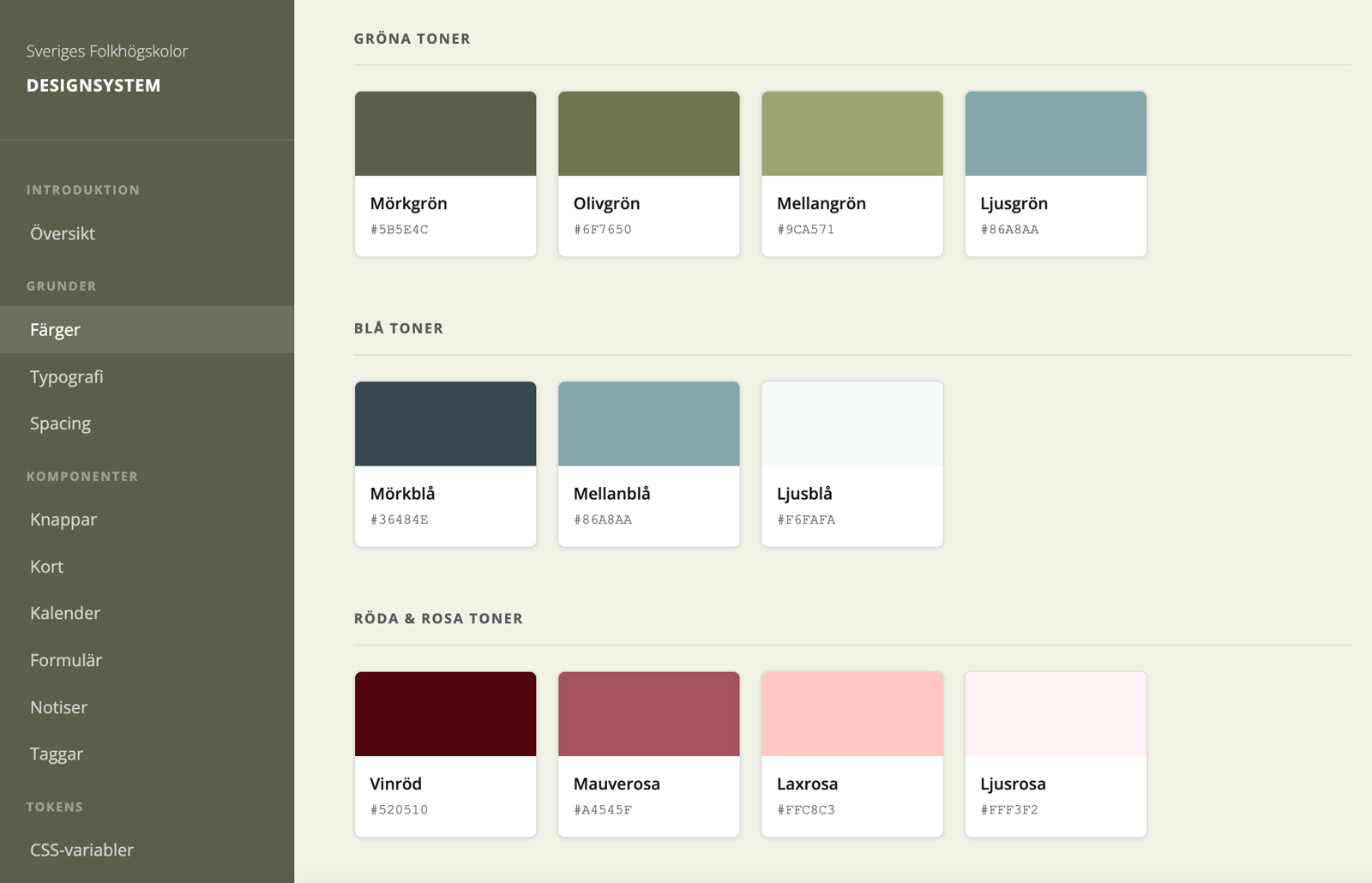 Sveriges folkhögskolors designsystem med färgpalett uppdelat i gröna, blå, röda och rosa toner
