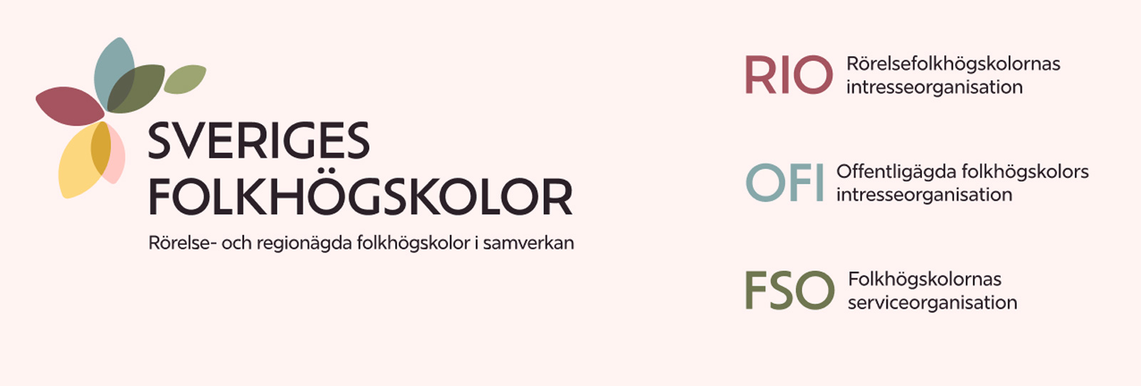 Sveriges folkhögskolors grafiska manual upplagd i ett mockup-collage med logotyp, färgkoder och bildexempel