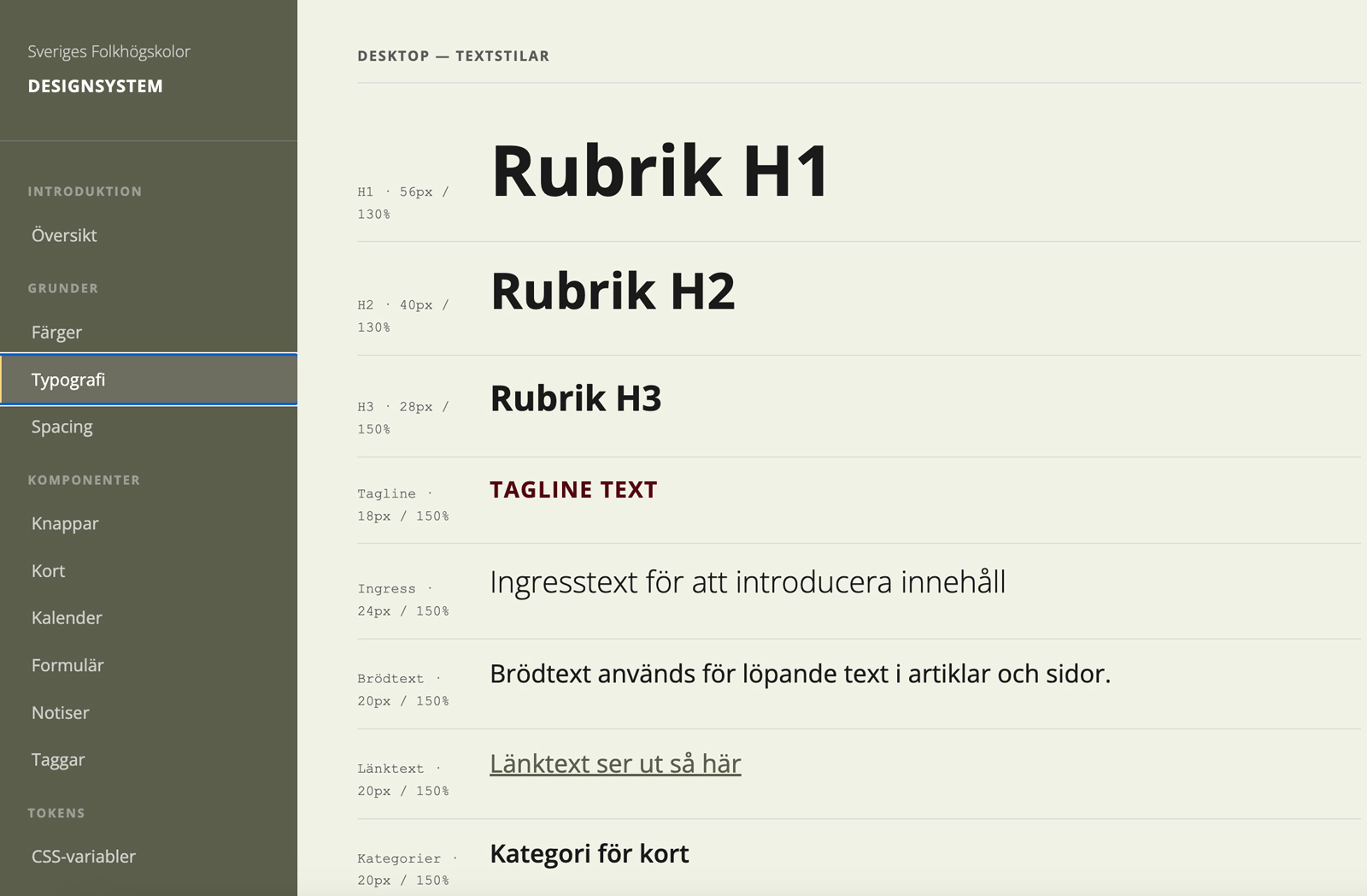 Sveriges folkhögskolors textstilar med rubriker, ingress, brödtext och tagline