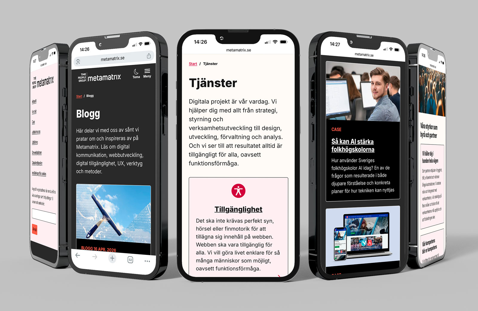 Tre mobiltelefoner som visar olika sidor av Metamatrix webbplats: Blogg, Tjänster och Case