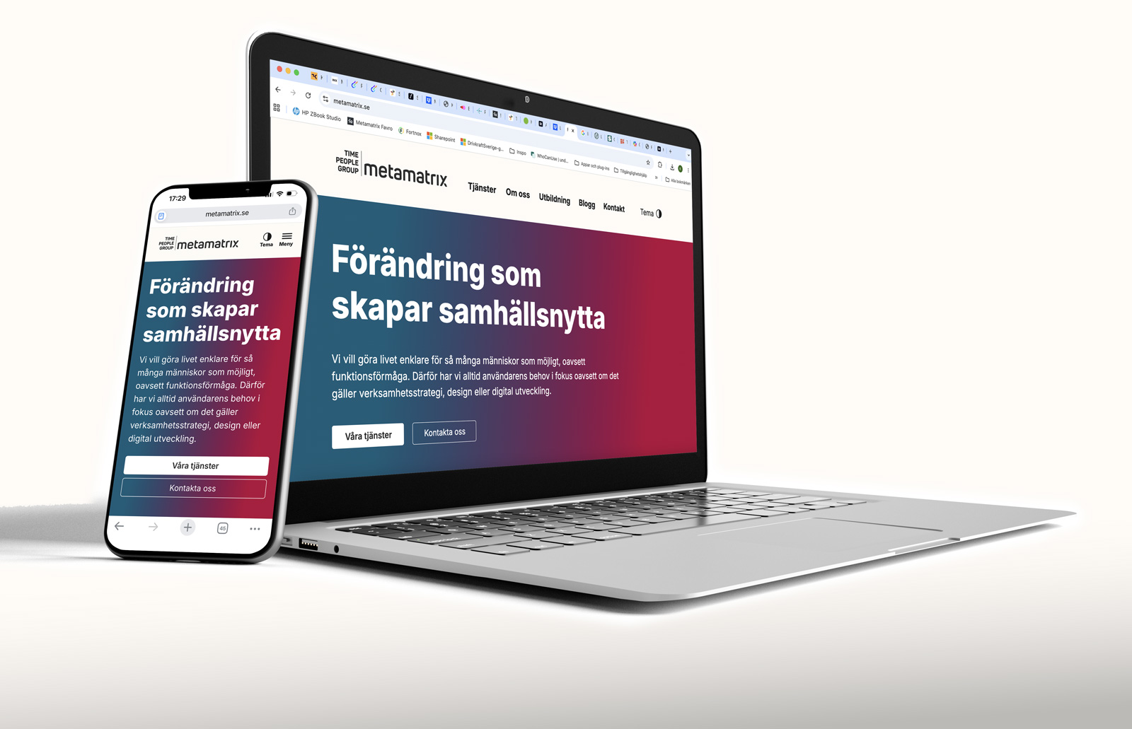 Metamatrix nya webbplats visad på laptop och mobil