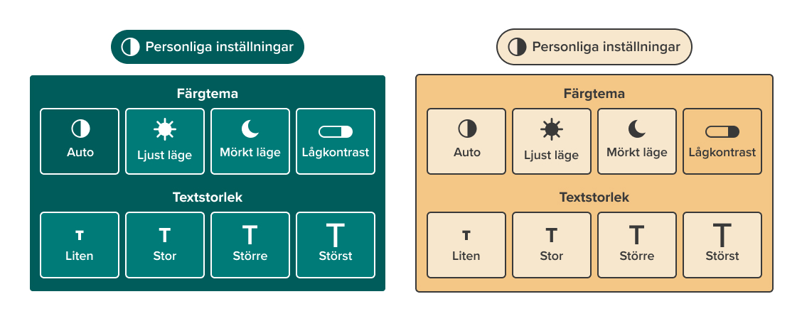 STILs personliga inställningar-verktyg visat i två färgteman – ett mörkgrönt och ett beige – med val för färgtema och textstorlek