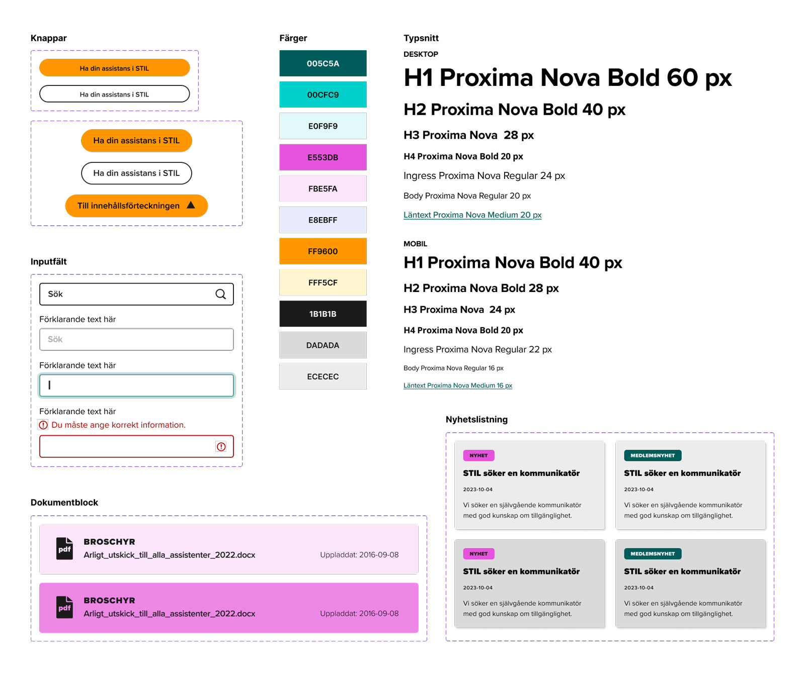 Design system för STILs webbplats med knappar, färger, typsnitt, nyhetslistning och dokumentblock