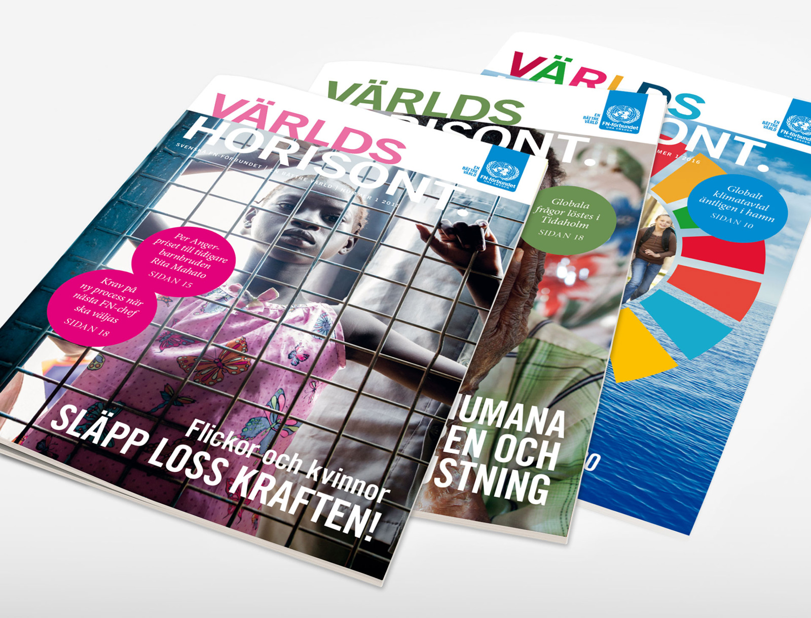Flera nummer av tidningen Världshorisont upplagda intill varandra