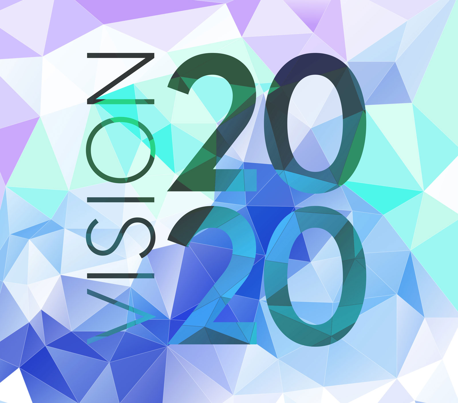 Grafisk komposition med texten Vision 2020 i blå och lila nyanser på kristallmönster
